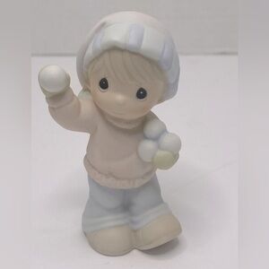 Precious Moments little boy with snowballs with butterfly trademark